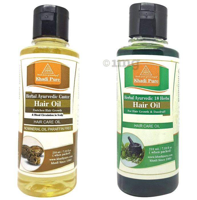 Khadi Pure Combo Pack of Herbal Ayurvedic 18 Herbs Hair Oil & Herbal Ayurvedic Castor Hair Oil (210ml Each)