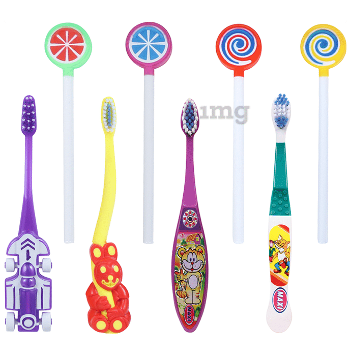 Maxi Oral Care Junior Pack of 1 Zoom Car Junior Toothbrush, 1 Bingo Junior Toothbrush, 1 Toffee Junior Toothbrush, 1 Dolls Junior Toothbrush and 4 Lollipop Tongue Cleaner