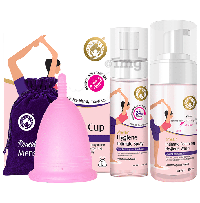 Mom & World Combo Pack of Reusable Menstrual Cup Large, Natural Hygiene Intimate Spray 100ml and Intimate Foaming Hygiene Wash 120ml
