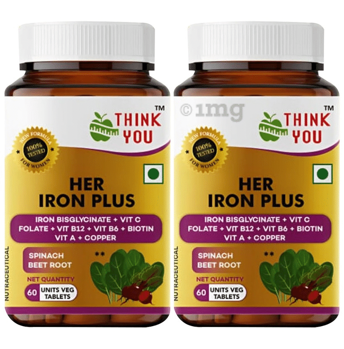 Think You Her Iron Plus Tablet For Women with Chelated Iron 29Mg, Folic Acid, Vit C, B12 & Biotin (60 Each)
