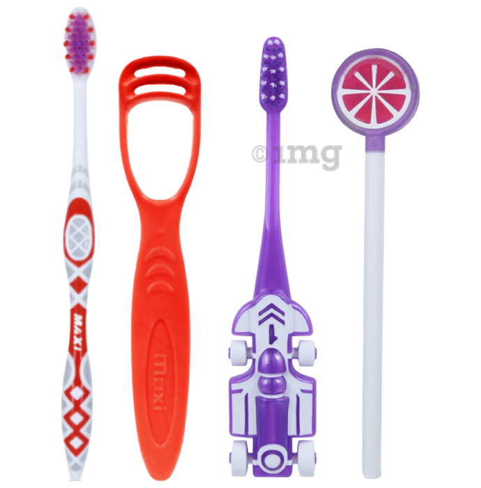 Maxi Oral Care Family Pack of 1 Zoom Car Junior Toothbrush, 1 Watermelon Lollipop Tongue Cleaner, 1 Adult Style Toothbrush and 1 Tongue Cleaner