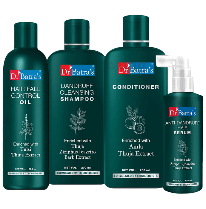 Dr Batra's Combo Pack of Anti-Dandruff Hair Serum 125ml, Hair Fall Control Oil 200ml, Conditioner 200ml and Dandruff Cleansing Shampoo 200ml