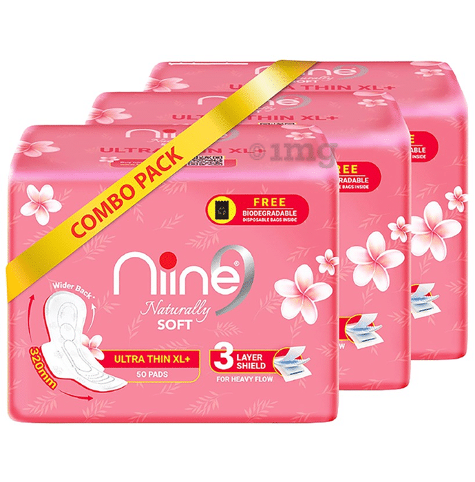 Niine Naturally Soft Pads Ultra Thin (50 Each) with Biodegradable Disposal Bag Inside Free XL+