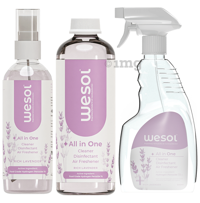 Wesol Combo Pack of All in One Multi Surface Cleaner Liquid, Disinfectant and Air Freshner Spray (500ml & 100ml) with Refill Pack of 500ml Fresh Lavender