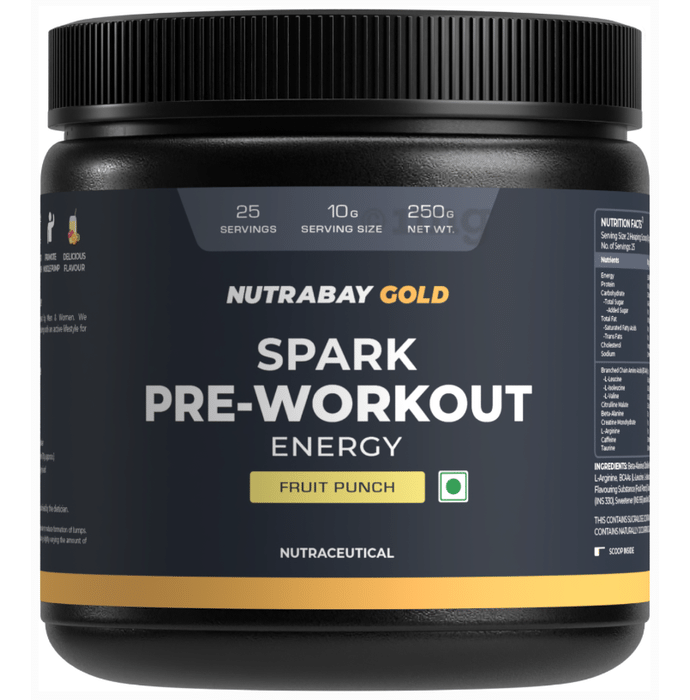 Nutrabay Gold Spark Pre-Workout Energy | Powder for Muscle Pump & Strength | Flavour Powder Fruit Punch