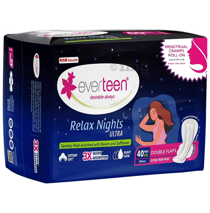 Everteen Relax Nights Ultra Sanitary Pads XXL (40 Each) with Menstrual Cramps Roll-On Inside