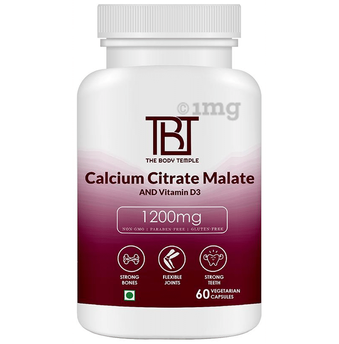 The Body Temple Calcium Citrate Malate and Vitamin D3 | Veg Capsule 1200mg for Bones, Joints & Teeth