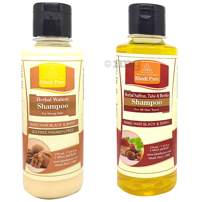 Khadi Pure Combo Pack of Herbal Saffron, Tulsi & Reetha Shampoo & Herbal Walnut Shampoo SLS Free & Paraben Free (210ml Each)