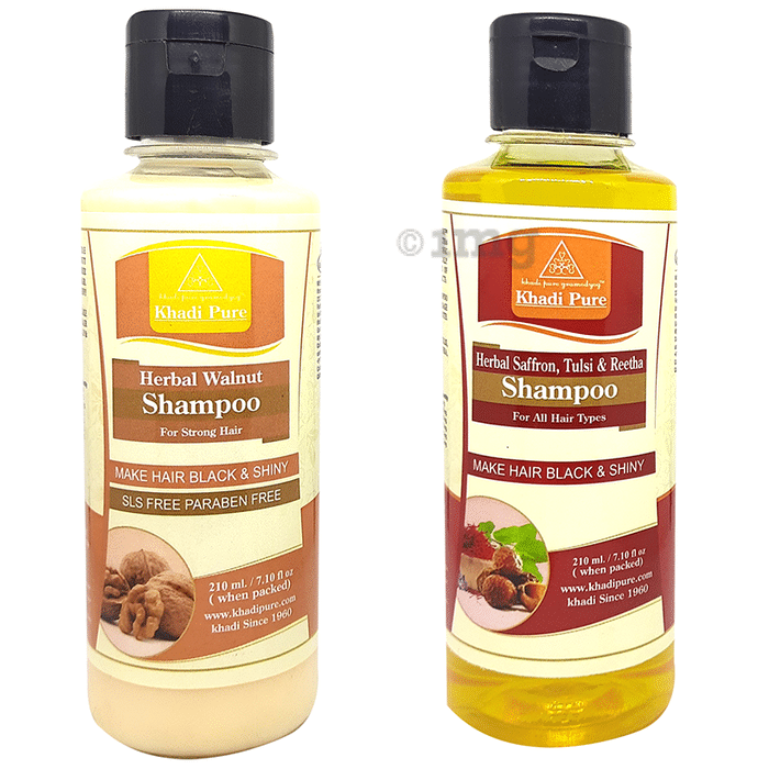 Khadi Pure Combo Pack of Herbal Saffron, Tulsi & Reetha Shampoo & Herbal Walnut Shampoo SLS Free & Paraben Free (210ml Each)