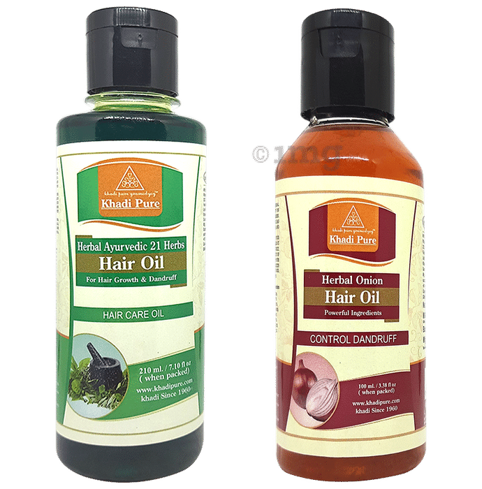 Khadi Pure Combo Pack of Herbal Onion Hair Oil & Herbal Ayurvedic 21 Herbs Hair Oil (210ml Each)