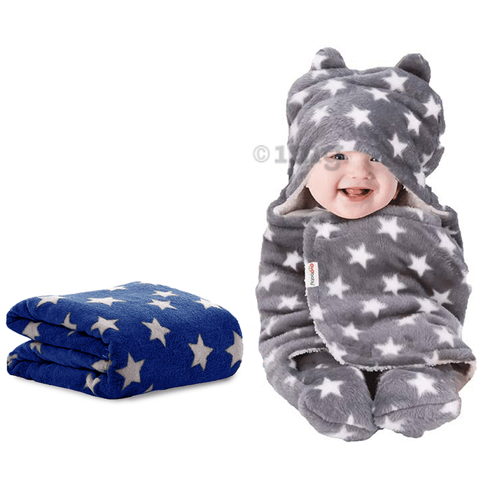 Oyo Baby Blanket Wrapper for New Born Baby Grey & Dark Blue