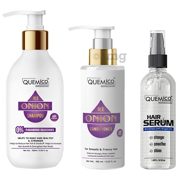 Quemico Professionnel Combo Pack of Red Onion Shampoo (300ml), Red Onion Conditioner (150ml) & Hair Serum (50ml)