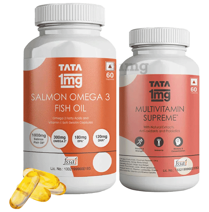Combo Pack of Tata 1mg Salmon Omega 3 Fish Oil Capsule (60) & Tata 1mg Multivitamin Supreme, Zinc, Calcium and Vitamin D Capsule (60)
