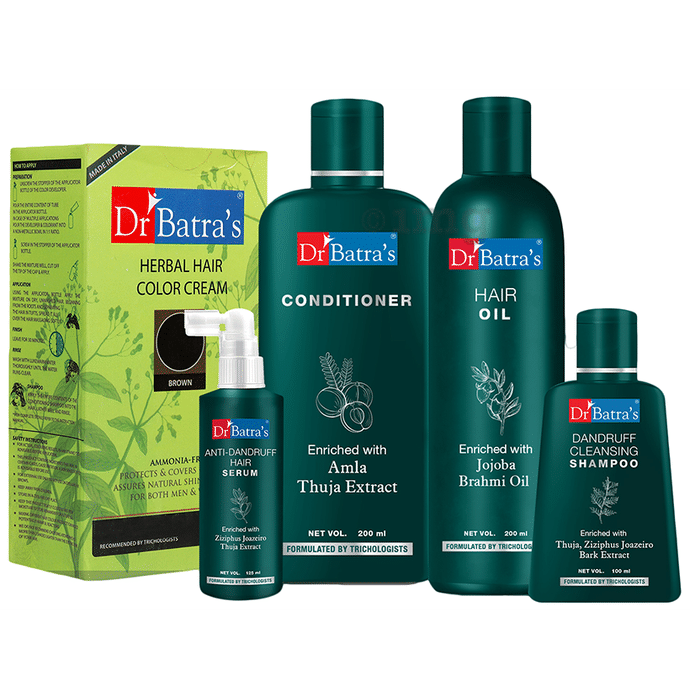 Dr Batra's Combo Pack of Anti-Dandruff Hair Serum 125ml, Dandruff Cleansing Shampoo 100ml, Conditioner 200ml, Hair Oil 200ml and Herbal Hair Color Cream 130gm Brown