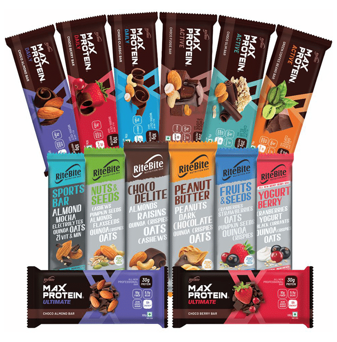 RiteBite Max Protein Active and Daily (3 Bar Each), Ultimate 2 Bar and RiteBite 6 Nutrition Bar