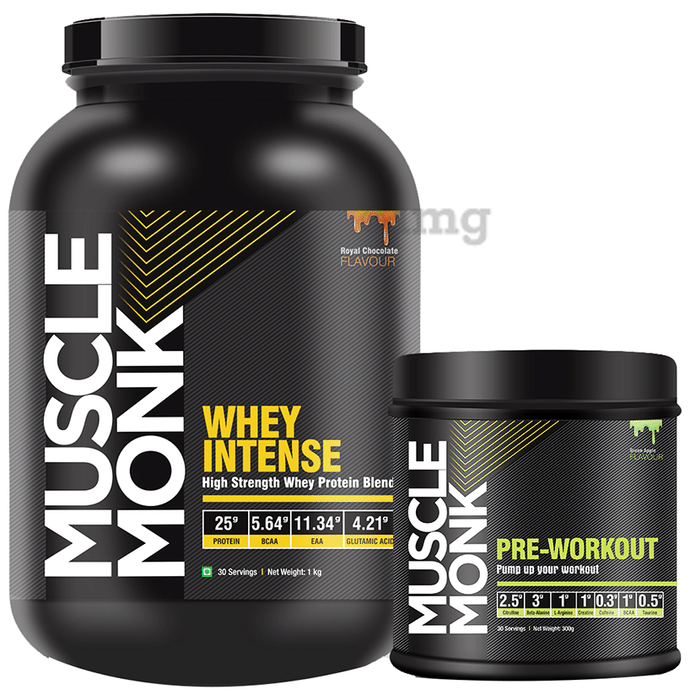 Muscle Monk Combo Pack of Whey Intense High Strength Whey Protein Blend 1kg & Pre-Workout 300gm Royal Chocolate & Green Apple