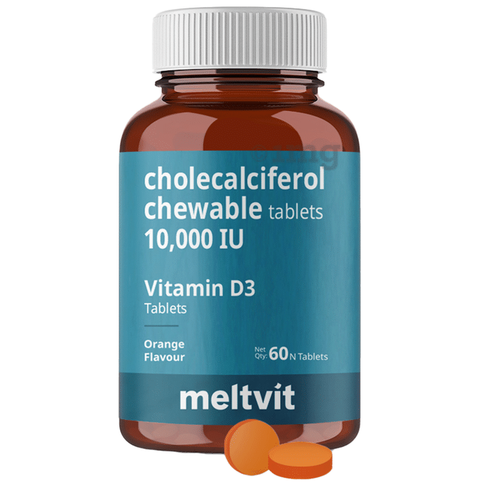 Meltvit Vitamin D3 Cholecalciferol 10000IU for Immunity, Bones, Joints, Muscles & Teeth | Flavour Chewable Tablet Orange