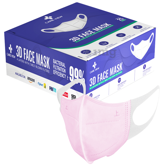 Care View 3 Dimensional Disposable Face Mask with 4 Layered Filtration and Soft Non-Woven Spandex Ear Loops Pink Box