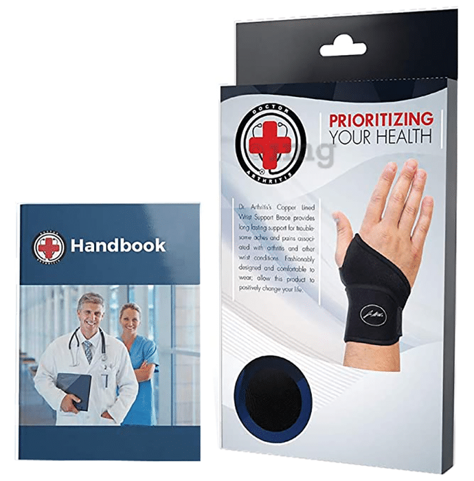 Dr. Arthritis Premium Copper Lined Wrist Support/ Strap/ Brace & Doctor Written Handbook Single Black