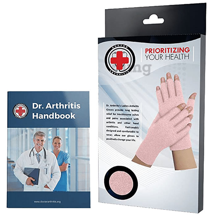 Dr. Arthritis 3/4 Compression Gloves for Ladies &  Doctor Written Handbook Large Pink