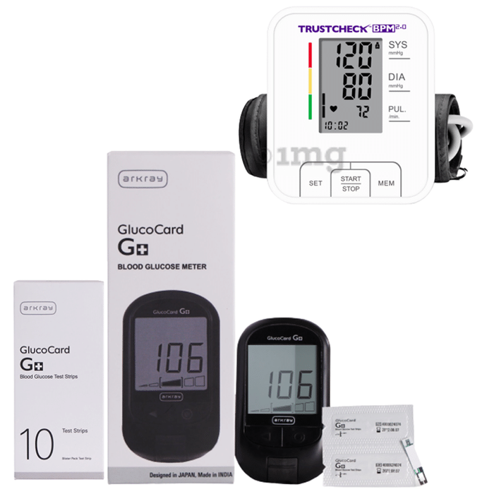 Arkray 29FA810 11 + A90046 Glucocard G+ Blood Glucose Monitor with 10 Strips and Trustcheck BPM 2.0 Blood Pressure Monitor