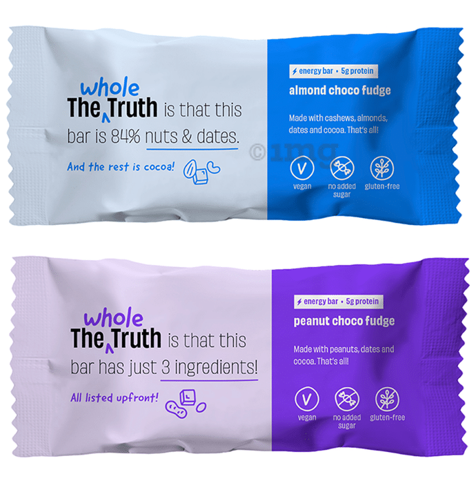 The Whole Truth Vegan Energy Bar (40gm Each) | 4 Peanut Choco Fudge, 2 Almond Choco Fudge