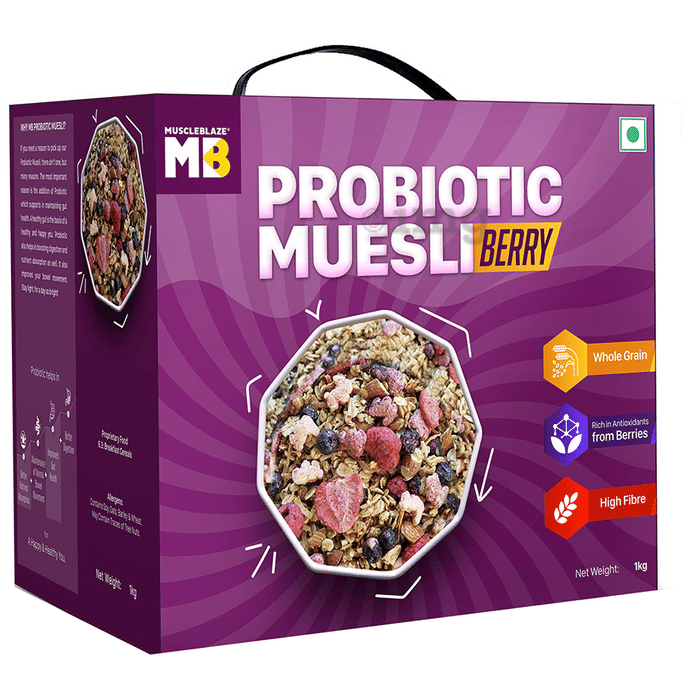 MuscleBlaze Probiotic Muesli with Added Flaxseed, Cranberry & Protein | Flavour Berry
