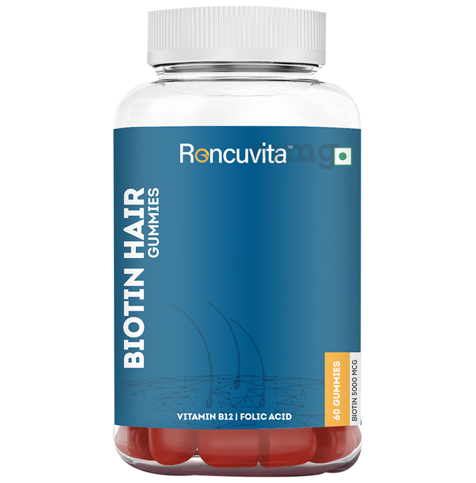 Roncuvita Biotin 5000mg Hair Gummies with Vitamin B12 & Folic Acid | Flavour Strawberry