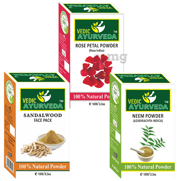 Vedic Ayurveda Combo Pack of Sandalwood Face Pack Powder, Rose Petal Powder & Neem Powder (100gm Each)