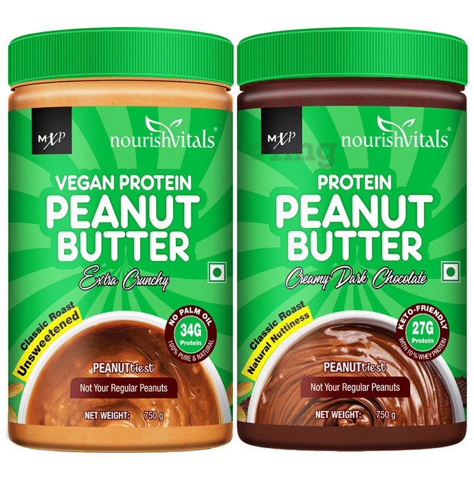 NourishVitals Combo Pack of Vegan Protein Peanut Butter Extra Crunchy & Protein Peanut Butter Creamy Dark Chocolate (750gm Each)