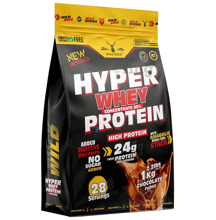 Wild Buck Hyper Whey Concentrate 80% Protein | With Added Digestive Enzymes for Muscle Support | Flavour Powder Chocolate Fudge