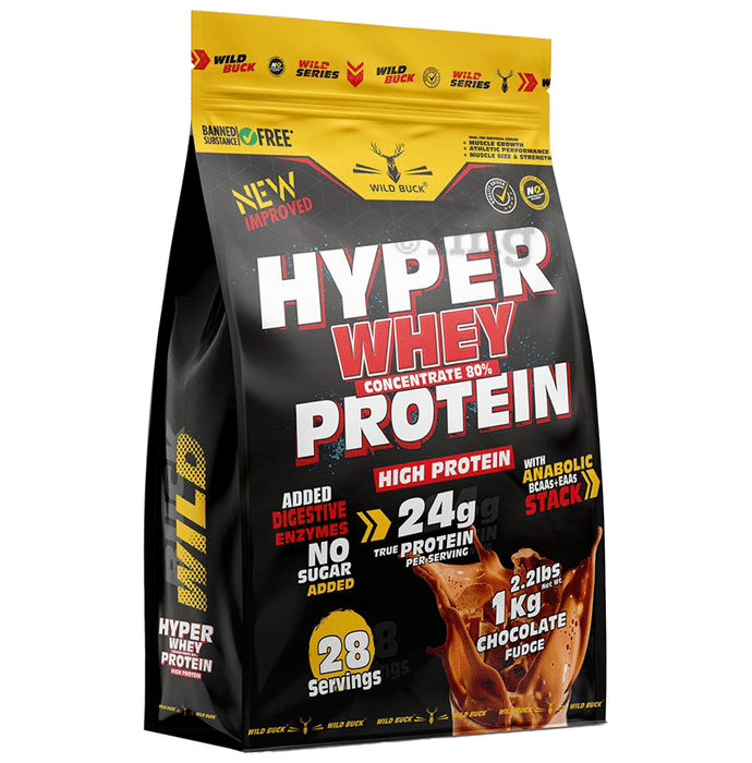 Wild Buck Hyper Whey Concentrate 80% Protein | With Added Digestive Enzymes for Muscle Support | Flavour Powder Chocolate Fudge