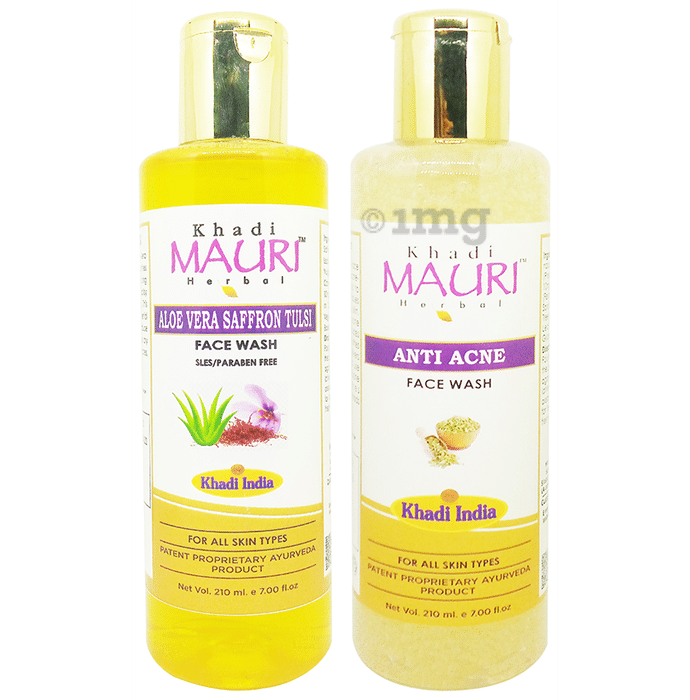 Khadi Mauri Herbal Combo Pack of Aloevera Saffron Tulsi & Anti Acne Face Wash (210ml Each)