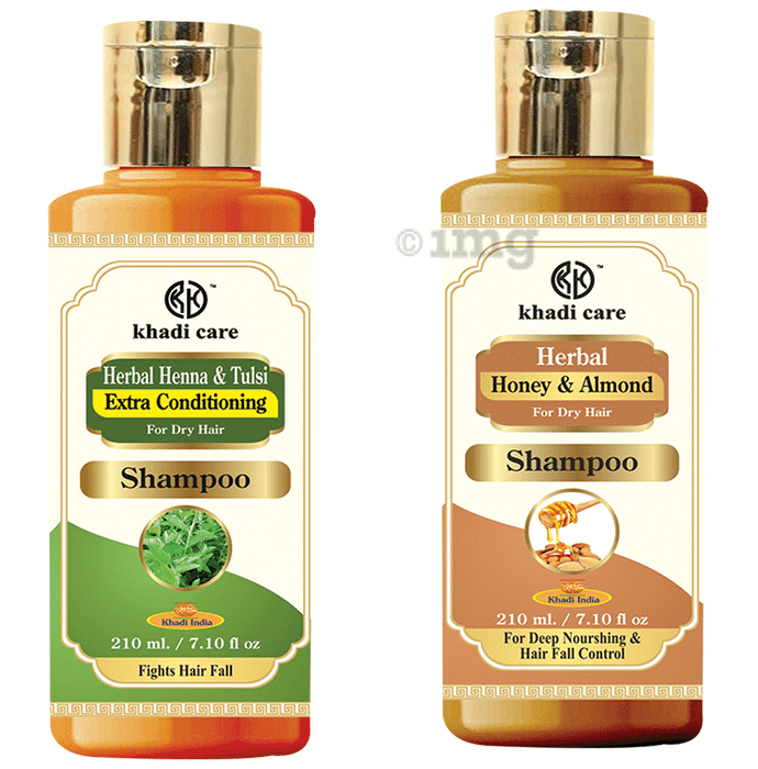 Khadi Care Combo Pack of Henna & Tulsi Extra Conditioning Shampoo & Honey & Almond Shampoo (210ml Each)
