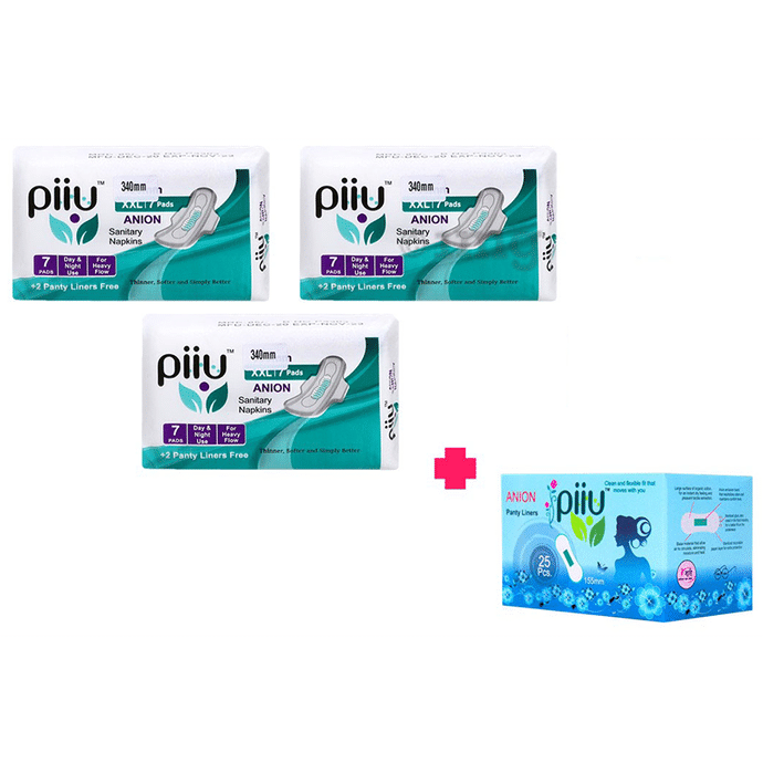 Piiu Combo Pack of 3 Anion Sanitary Pads (7 Each) with 2 Panty Liner Free and 25 Panty Liner XXL