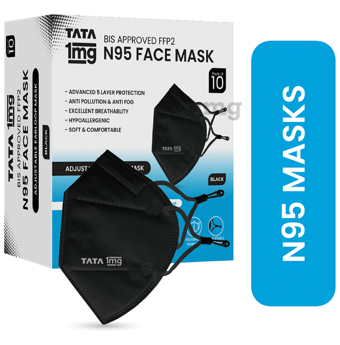 Tata 1mg BIS Approved FFP2 N95 Mask Black with Adjustable Ear Loop, Premium 5 Layered Face Mask 10 Mask