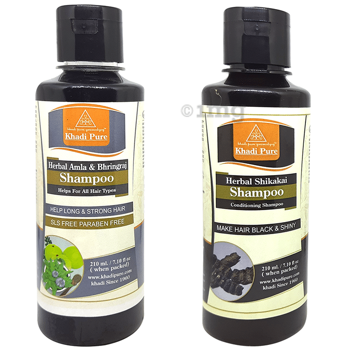 Khadi Pure Combo Pack of Herbal Shikakai Shampoo & Herbal Amla & Bhringraj Shampoo SLS Free & Paraben Free (210ml Each)