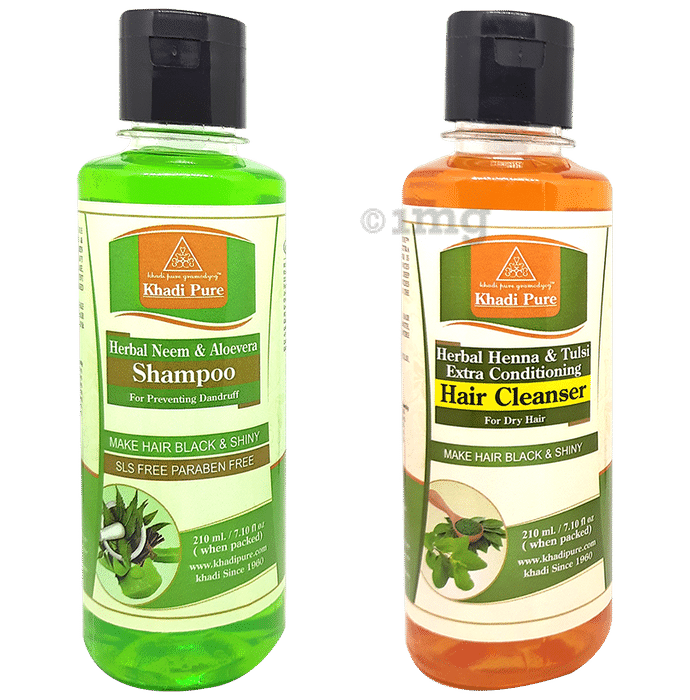 Khadi Pure Combo Pack of Herbal Heena & Tulsi Extra Conditioning Hair Cleanser & Herbal Neem & Aloevera Shampoo SLS & Paraben Free (210ml Each)