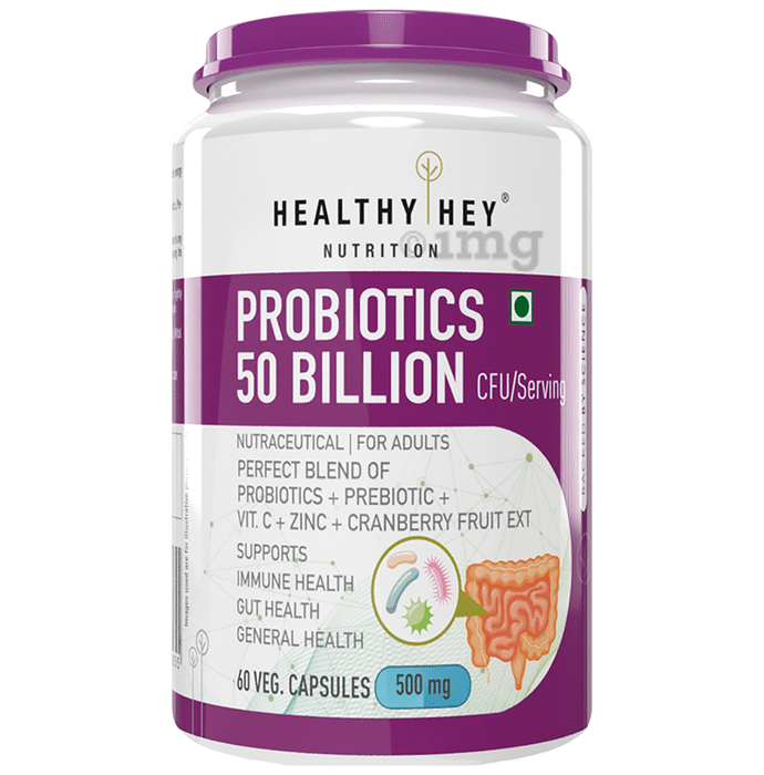 HealthyHey Nutrition Probiotic 50 Billion CFU with Prebiotics | Veg Capsule for Immunity & Gut Health