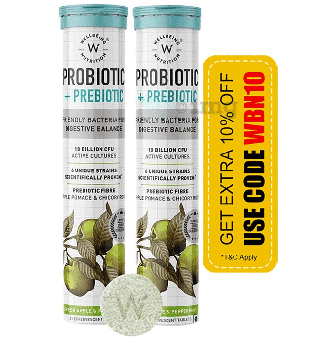 Wellbeing Nutrition Probiotic + Prebiotic Fibre with 18 Billion CFU |  Effervescent Tablet for Gut Health | Flavour Green Apple & Mint