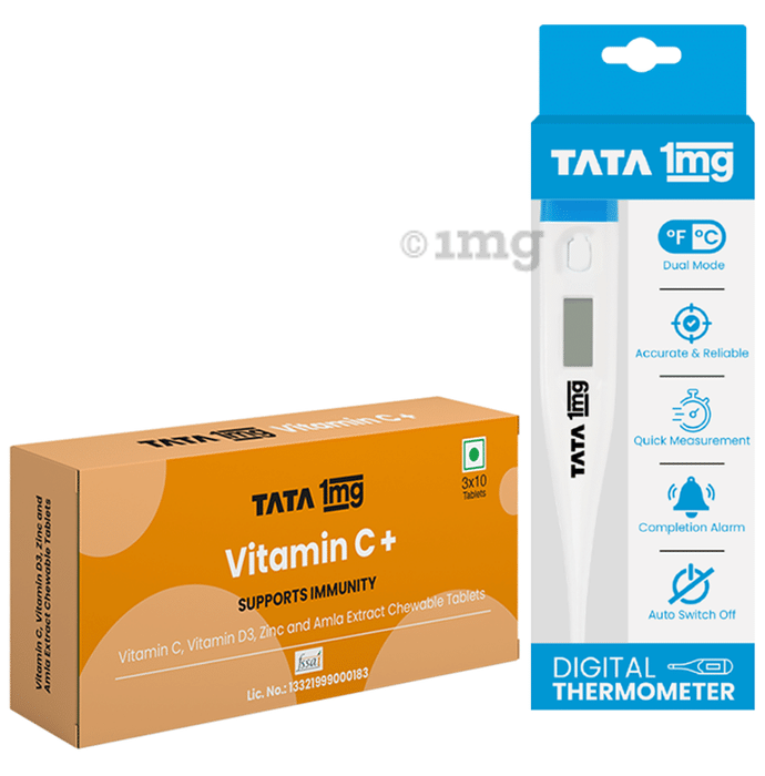 Combo Pack of Tata 1mg Vitamin C with Vitamin D3, Zinc and Amla Extract Chewable Veg Tablet, Supports Immunity (30) & Tata 1mg Digital Thermometer
