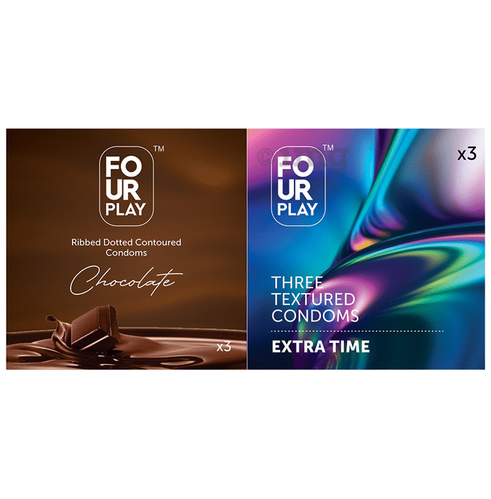 Fourplay Combo Pack of Ribbed Dotted Contourd Condoms Chocolate & Extra Time Condom (3 Each)