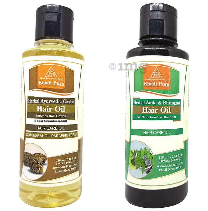 Khadi Pure Combo Pack of Herbal Amla & Bhringraj Hair Oil & Herbal Ayurvedic Castor Hair Oil (210ml Each)