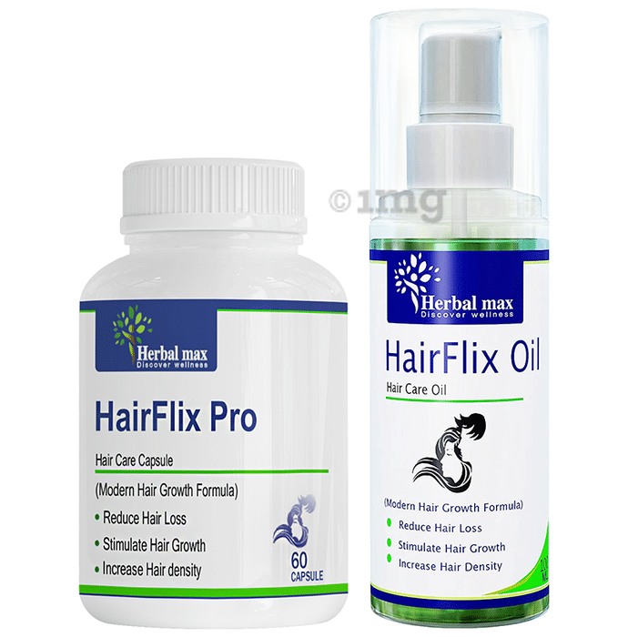 Herbal Max Combo Pack of Hair Flix Pro 60 Capsules and Hair Flix Oil 100ml