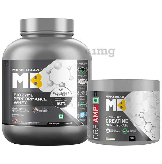 Muscleblaze Combo Pack of Biozyme Performance Whey Protein Powder Choco Crispers (2kg) & Creatine Monohydrate Unflavoured (100gm)