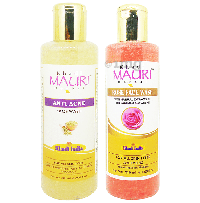 Khadi Mauri Herbal Combo Pack of Anti Acne & Rose Face Wash (210ml Each)