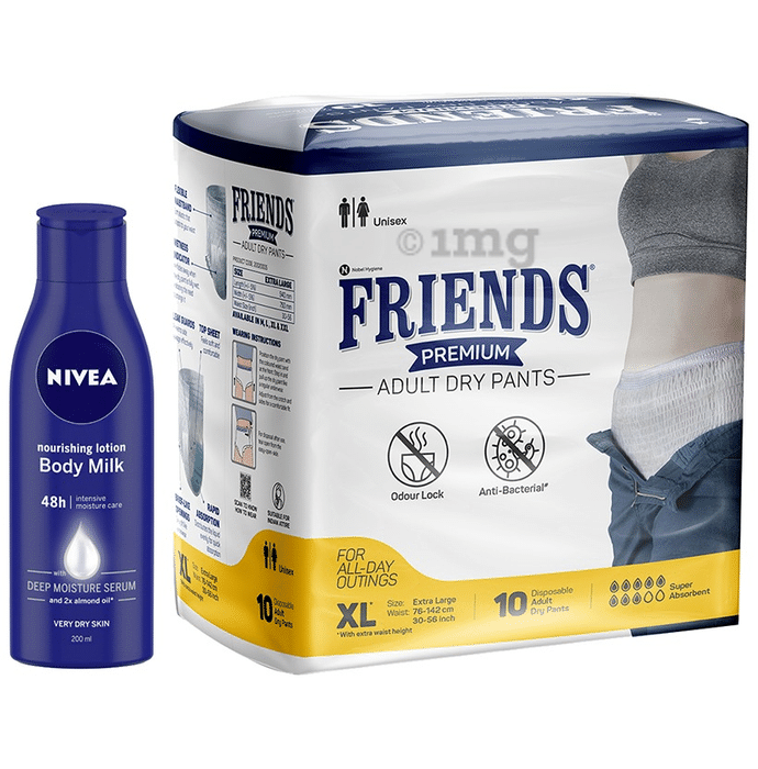 Combo Pack of Friends Premium 10 Adult Dry Pants, XL & Nivea Body Milk Nourishing Lotion 200ml