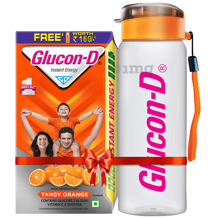 Glucon-D with Glucose, Calcium, Vitamin C & Sucrose | Flavour Powder Tangy Orange with Sipper Free