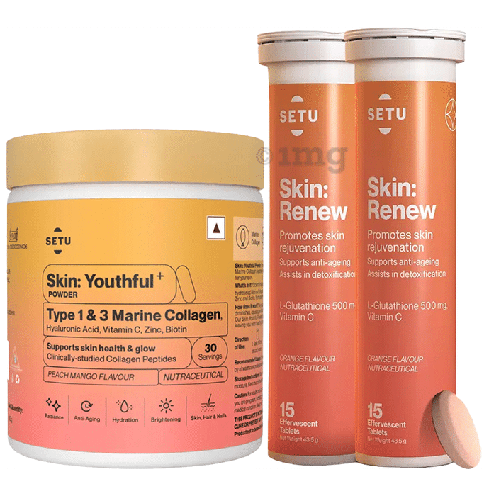 Virtual Combo Brand Combo Pack of Skin Renew Fizz Effervescent Tablets (30 Each) & Skin Youthful+ Marine Collagen Powder (200gm)
