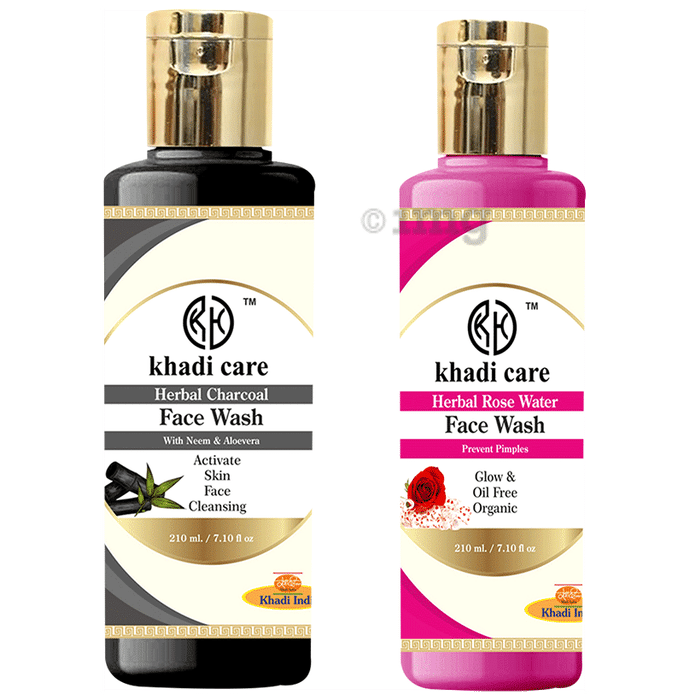 Khadi Care Combo Pack of Rose Water and Charcoal Face Wash (210ml Each)